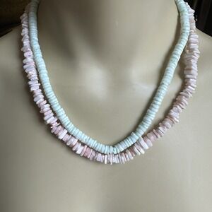 Vintage 2 Artisan Necklaces 17-19 Inch Shell Chip Bull Quartz Beads Barrel Clasp